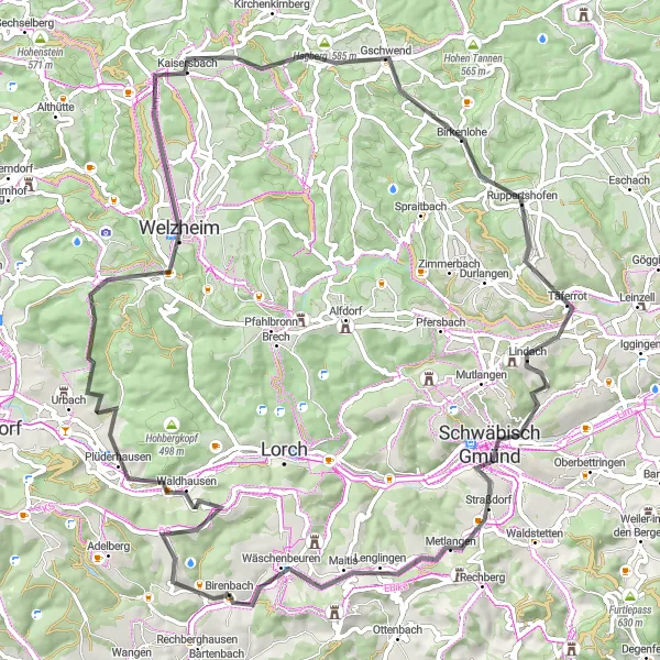 Karten-Miniaturansicht der Radinspiration "Roadtour Plüderhausen-Täferrot" in Stuttgart, Germany. Erstellt vom Tarmacs.app-Routenplaner für Radtouren