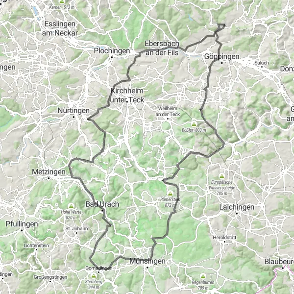 Karten-Miniaturansicht der Radinspiration "Road-Tour Göppingen-Münsingen-Bad Urach" in Stuttgart, Germany. Erstellt vom Tarmacs.app-Routenplaner für Radtouren