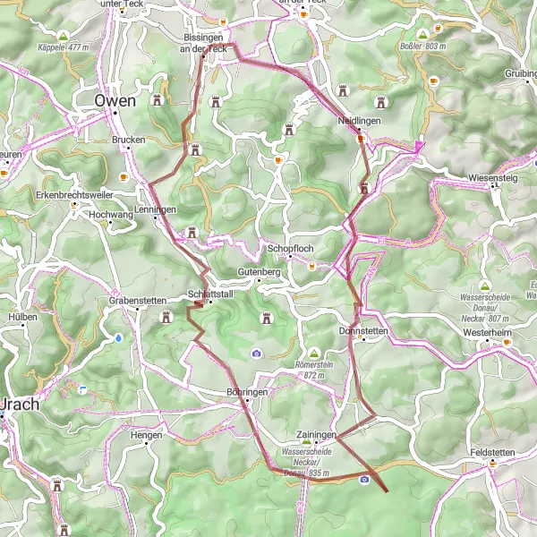 Karten-Miniaturansicht der Radinspiration "Bissingen-Dachsbühl-Neidlingen-Zainingen-Waldgreutturm-Lenningen-Sattelbogen" in Stuttgart, Germany. Erstellt vom Tarmacs.app-Routenplaner für Radtouren
