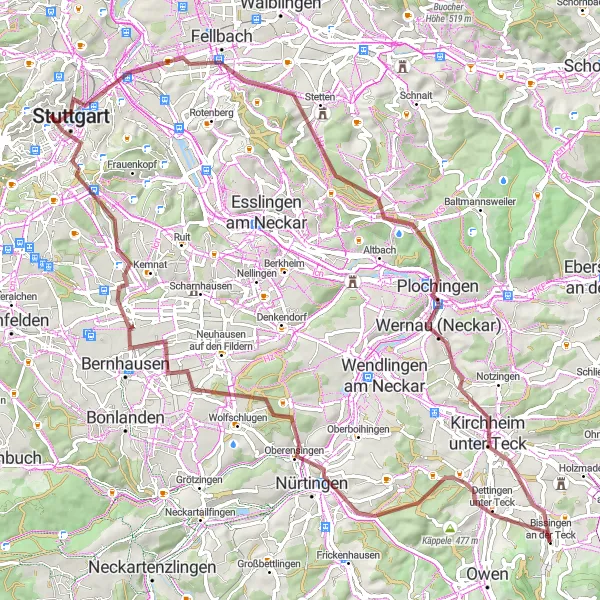 Map miniature of "Countryside Gravel Escape" cycling inspiration in Stuttgart, Germany. Generated by Tarmacs.app cycling route planner