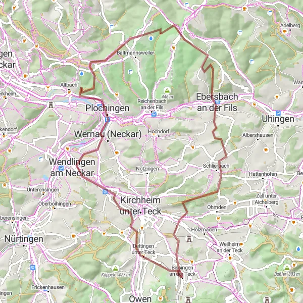 Karten-Miniaturansicht der Radinspiration "Geheimnisvolle Tour um Bissingen" in Stuttgart, Germany. Erstellt vom Tarmacs.app-Routenplaner für Radtouren