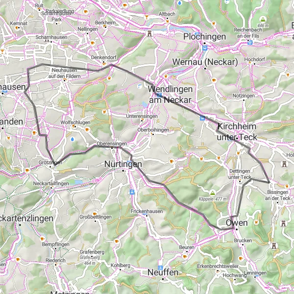 Karten-Miniaturansicht der Radinspiration "Dettingen unter Teck-Ersberg-Nürtingen-Benzberg-Neuhausen auf den Fildern-Wendlingen am Neckar-Kirchheim unter Teck" in Stuttgart, Germany. Erstellt vom Tarmacs.app-Routenplaner für Radtouren