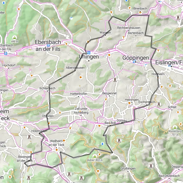 Karten-Miniaturansicht der Radinspiration "Bissingen-Dachsbühl-Albershausen-Rechberghausen-Landschaftspark Fils-Gammelshausen-Boßler-Limburg" in Stuttgart, Germany. Erstellt vom Tarmacs.app-Routenplaner für Radtouren