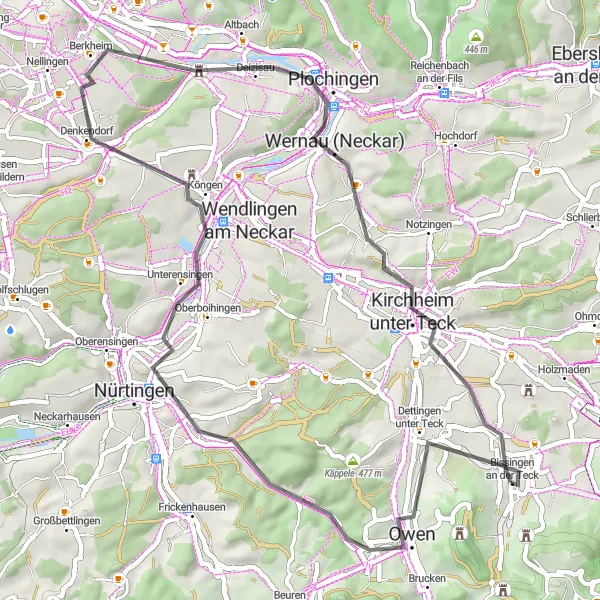 Karten-Miniaturansicht der Radinspiration "Panoramastraße über Bissingen an der Teck" in Stuttgart, Germany. Erstellt vom Tarmacs.app-Routenplaner für Radtouren