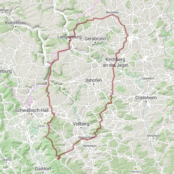Map miniature of "The Gravel Adventure: Blaufelden Loop" cycling inspiration in Stuttgart, Germany. Generated by Tarmacs.app cycling route planner