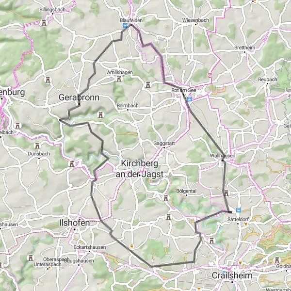 Map miniature of "Satteldorf, Hagenhof, and Diembot" cycling inspiration in Stuttgart, Germany. Generated by Tarmacs.app cycling route planner