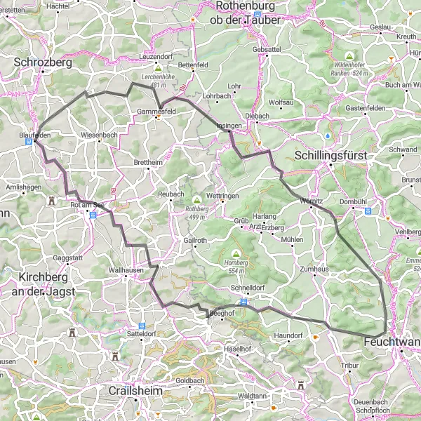 Map miniature of "Road Cycling Paradise: Blaufelden Loop" cycling inspiration in Stuttgart, Germany. Generated by Tarmacs.app cycling route planner