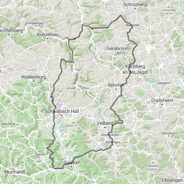 Map miniature of "The Ultimate Challenge: Blaufelden to Burg Hertenstein" cycling inspiration in Stuttgart, Germany. Generated by Tarmacs.app cycling route planner