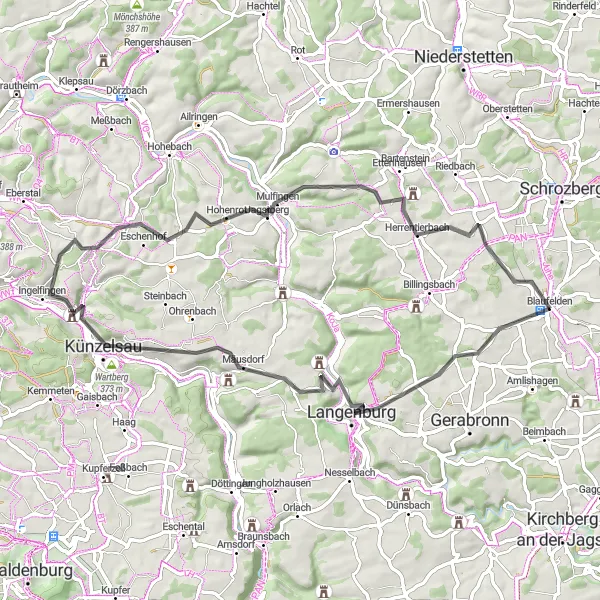 Map miniature of "The Langenburg Loop" cycling inspiration in Stuttgart, Germany. Generated by Tarmacs.app cycling route planner