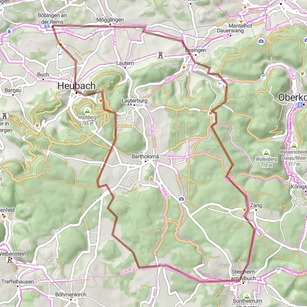 Map miniature of "The Hidden Remsterraces" cycling inspiration in Stuttgart, Germany. Generated by Tarmacs.app cycling route planner
