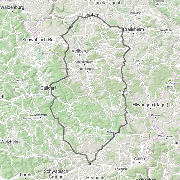 Karten-Miniaturansicht der Radinspiration "Rundtour um Gaildorf" in Stuttgart, Germany. Erstellt vom Tarmacs.app-Routenplaner für Radtouren