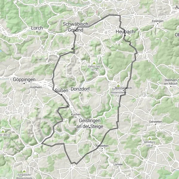 Map miniature of "The Essingen Road Adventure" cycling inspiration in Stuttgart, Germany. Generated by Tarmacs.app cycling route planner