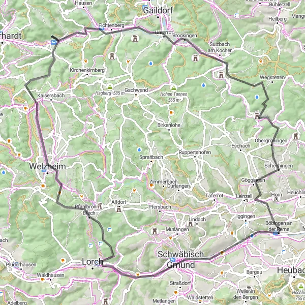 Map miniature of "Schwäbisch Gmünd Road Expedition" cycling inspiration in Stuttgart, Germany. Generated by Tarmacs.app cycling route planner