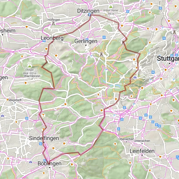 Karten-Miniaturansicht der Radinspiration "Gravel-Tour Sindelfingen - Grüner Turm" in Stuttgart, Germany. Erstellt vom Tarmacs.app-Routenplaner für Radtouren