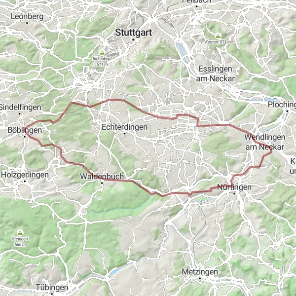 Map miniature of "Scenic Gravel Route: From Böblingen to Nürtingen" cycling inspiration in Stuttgart, Germany. Generated by Tarmacs.app cycling route planner