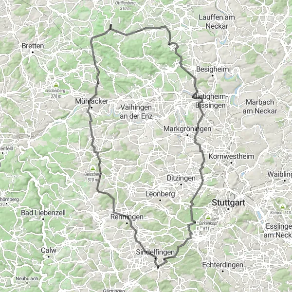 Map miniature of "The Hills of Böblingen" cycling inspiration in Stuttgart, Germany. Generated by Tarmacs.app cycling route planner