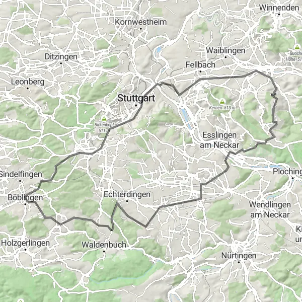 Karten-Miniaturansicht der Radinspiration "Rundweg Böblingen - Neuhausen" in Stuttgart, Germany. Erstellt vom Tarmacs.app-Routenplaner für Radtouren