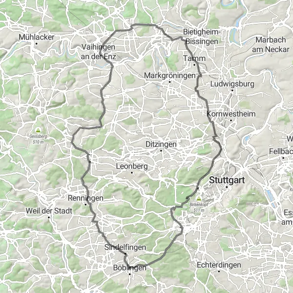 Map miniature of "Böblingen to Hohenasperg and Grüner Turm Scenic Ride" cycling inspiration in Stuttgart, Germany. Generated by Tarmacs.app cycling route planner