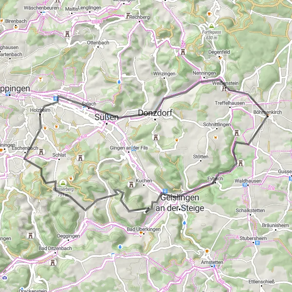 Map miniature of "The Bismarckfelsen and Schloss Weißenstein Road Cycling Route" cycling inspiration in Stuttgart, Germany. Generated by Tarmacs.app cycling route planner