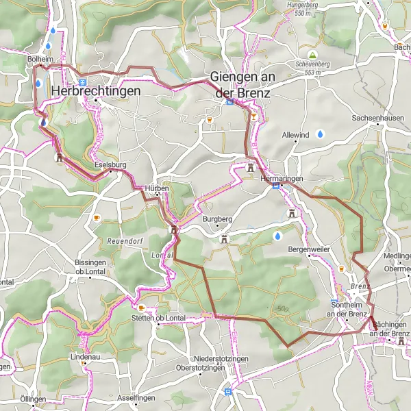 Map miniature of "The Hilltop Castles Route" cycling inspiration in Stuttgart, Germany. Generated by Tarmacs.app cycling route planner