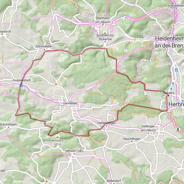 Map miniature of "Gussenstadt Gravel Loop" cycling inspiration in Stuttgart, Germany. Generated by Tarmacs.app cycling route planner
