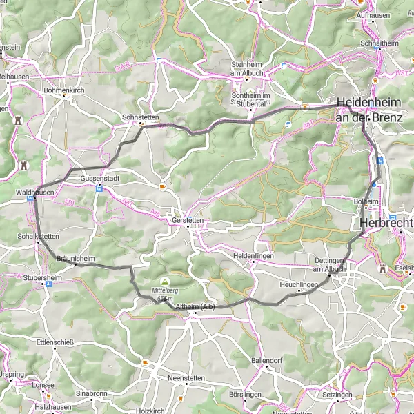 Map miniature of "Gussenstadt Loop" cycling inspiration in Stuttgart, Germany. Generated by Tarmacs.app cycling route planner