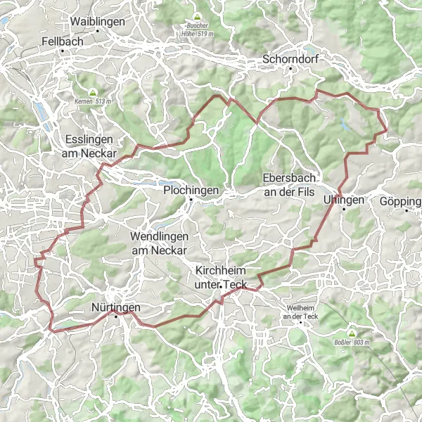 Map miniature of "Gravel Adventure around Börtlingen" cycling inspiration in Stuttgart, Germany. Generated by Tarmacs.app cycling route planner