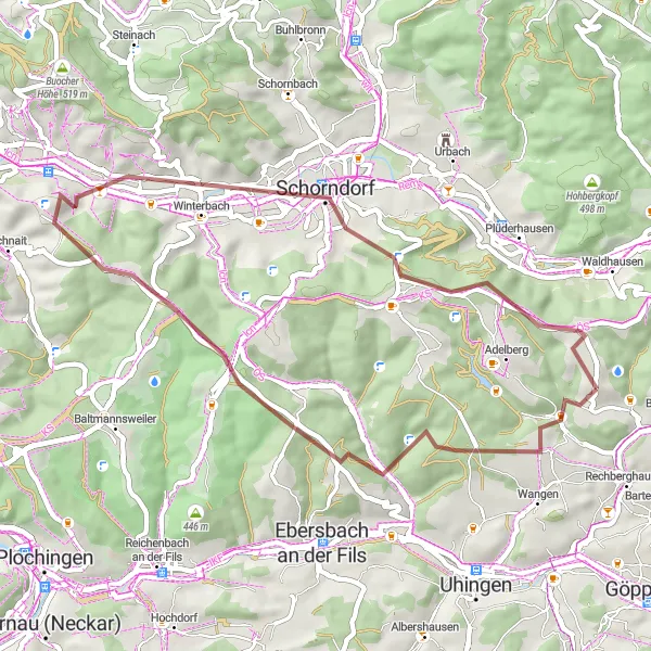 Map miniature of "Scenic Gravel Ride through Oberwälden and Börtlingen" cycling inspiration in Stuttgart, Germany. Generated by Tarmacs.app cycling route planner