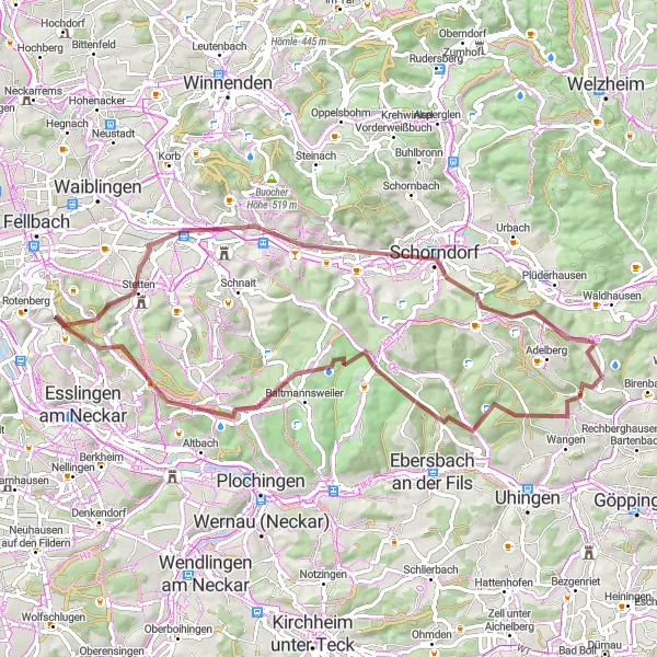 Map miniature of "Gravel Escape through Schorndorf and Börtlingen" cycling inspiration in Stuttgart, Germany. Generated by Tarmacs.app cycling route planner