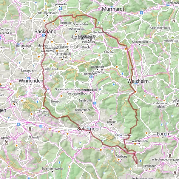 Karten-Miniaturansicht der Radinspiration "Gravel-Tour von Börtlingen nach Backnang durch Schorndorf" in Stuttgart, Germany. Erstellt vom Tarmacs.app-Routenplaner für Radtouren