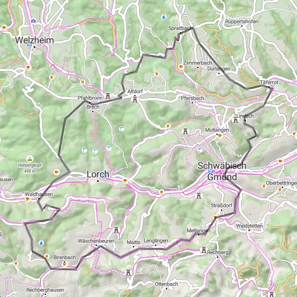 Map miniature of "Scenic Road Ride to Schwäbisch Gmünd" cycling inspiration in Stuttgart, Germany. Generated by Tarmacs.app cycling route planner