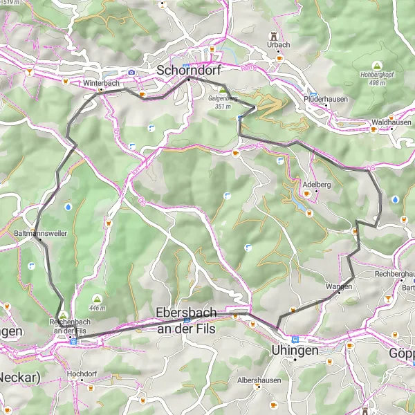Map miniature of "Fils Valley Ride" cycling inspiration in Stuttgart, Germany. Generated by Tarmacs.app cycling route planner