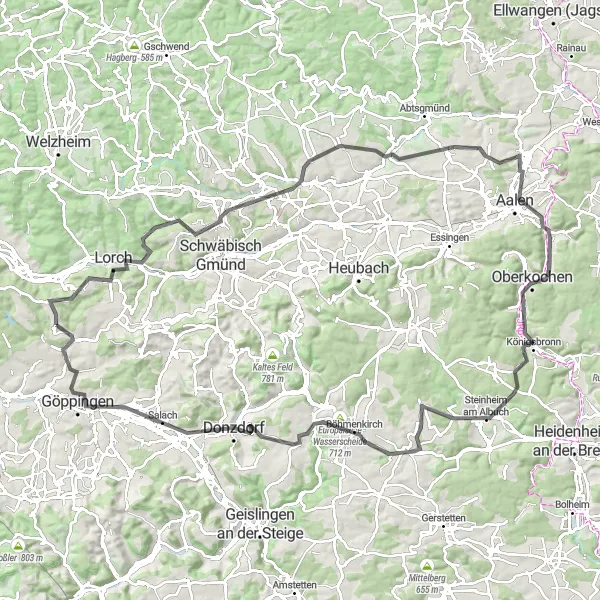 Map miniature of "Epic Road Cycling Adventure through Lorch and Aalen" cycling inspiration in Stuttgart, Germany. Generated by Tarmacs.app cycling route planner