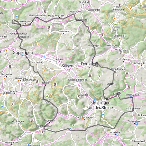 Map miniature of "Road Cycling Adventure to Rechberg and Donzdorf" cycling inspiration in Stuttgart, Germany. Generated by Tarmacs.app cycling route planner