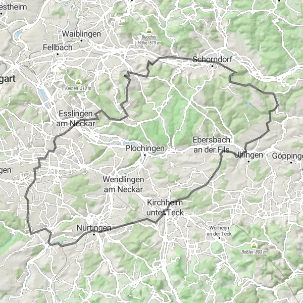 Map miniature of "Börtlingen Epic Road Ride" cycling inspiration in Stuttgart, Germany. Generated by Tarmacs.app cycling route planner