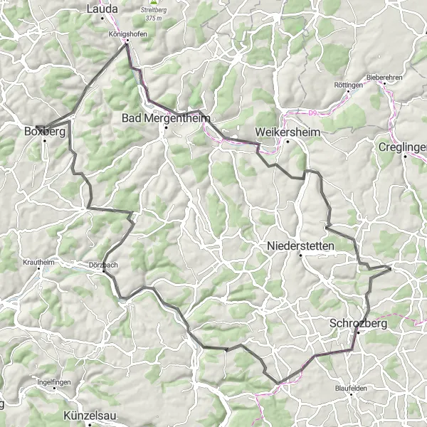 Karten-Miniaturansicht der Radinspiration "Die Mergentheim-Schrozberg-Runde" in Stuttgart, Germany. Erstellt vom Tarmacs.app-Routenplaner für Radtouren