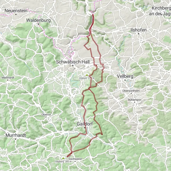 Map miniature of "Braunsbach to Löwenberg Gravel Route" cycling inspiration in Stuttgart, Germany. Generated by Tarmacs.app cycling route planner