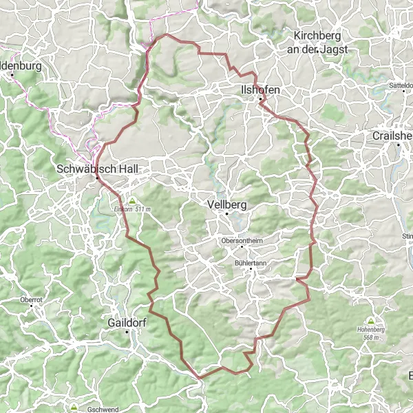 Map miniature of "Braunsbach to Schloss Braunsbach Gravel Route" cycling inspiration in Stuttgart, Germany. Generated by Tarmacs.app cycling route planner