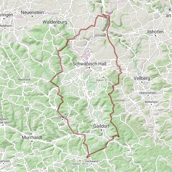 Map miniature of "Braunsbach to Burg Enningen Gravel Route" cycling inspiration in Stuttgart, Germany. Generated by Tarmacs.app cycling route planner