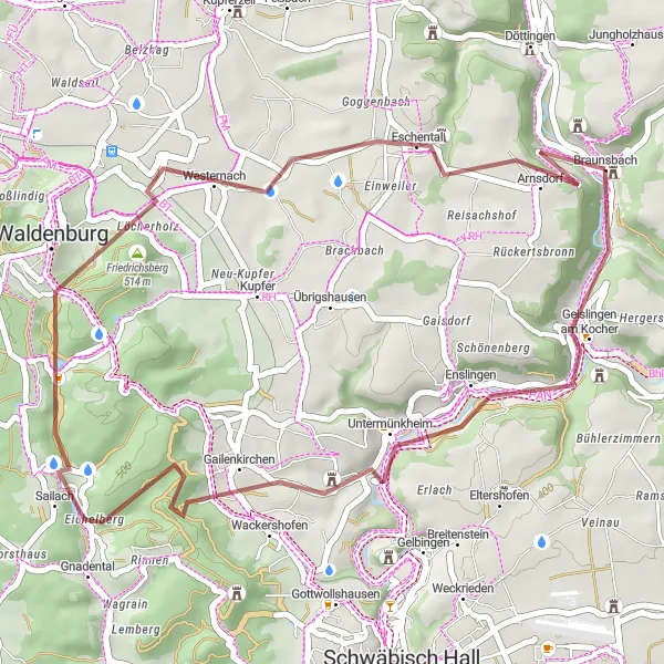 Map miniature of "Braunsbach to Burg Enningen Gravel Route" cycling inspiration in Stuttgart, Germany. Generated by Tarmacs.app cycling route planner