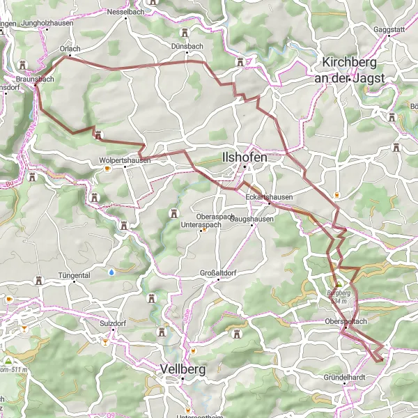 Map miniature of "Braunsbach to Burg Leofels Gravel Route" cycling inspiration in Stuttgart, Germany. Generated by Tarmacs.app cycling route planner