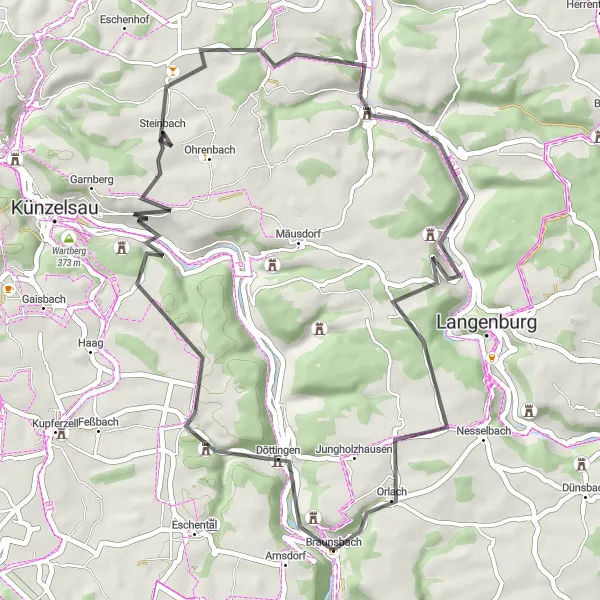 Map miniature of "Braunsbach-Morsbach-Burg Buchenbach" cycling inspiration in Stuttgart, Germany. Generated by Tarmacs.app cycling route planner
