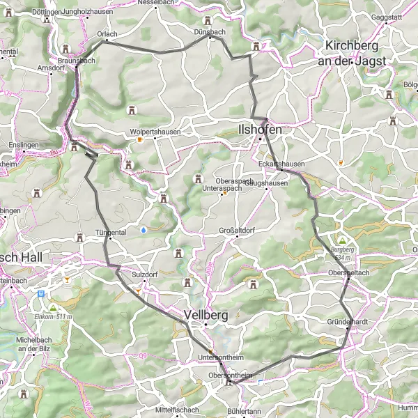 Map miniature of "Braunsbach-Ilshofen-Burgbergturm-Obersontheim-Löwenburg" cycling inspiration in Stuttgart, Germany. Generated by Tarmacs.app cycling route planner