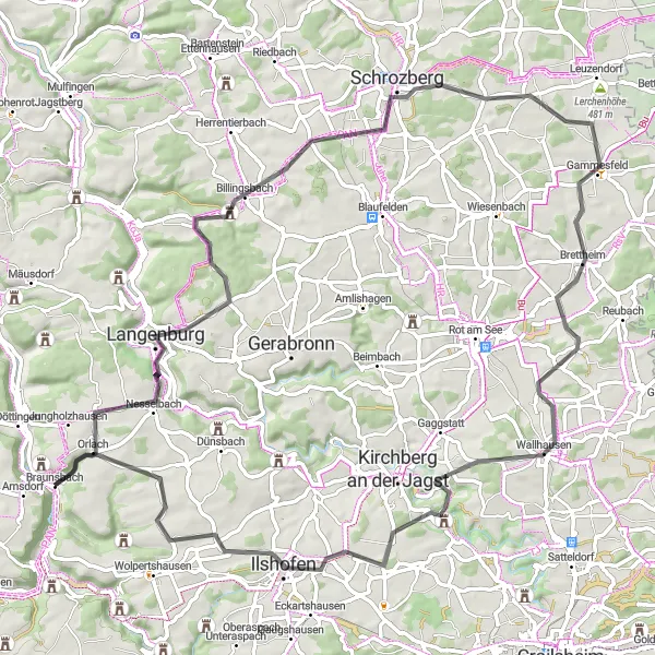 Map miniature of "Braunsbach-Langenburg-Schrozberg-Brettheim-Burg Lobenhausen-Schloss Braunsbach" cycling inspiration in Stuttgart, Germany. Generated by Tarmacs.app cycling route planner