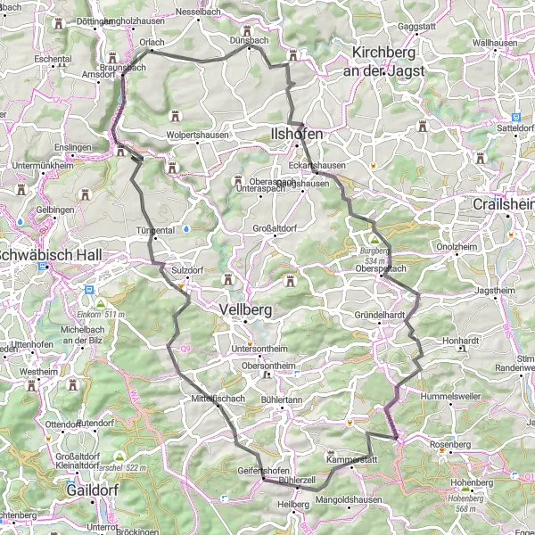 Map miniature of "Braunsbach-Ilshofen-Burgbergturm-Bühlerzell-Tüngental-Löwenberg-Schloss Braunsbach" cycling inspiration in Stuttgart, Germany. Generated by Tarmacs.app cycling route planner