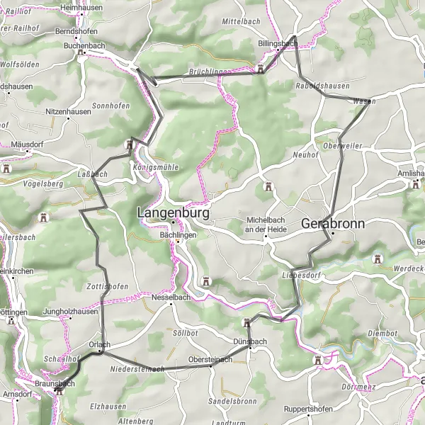 Map miniature of "Braunsbach-Unterregenbach-Gerabronn-Schloss Braunsbach" cycling inspiration in Stuttgart, Germany. Generated by Tarmacs.app cycling route planner