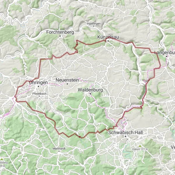 Map miniature of "Gravel Adventure through Hohenlohe" cycling inspiration in Stuttgart, Germany. Generated by Tarmacs.app cycling route planner