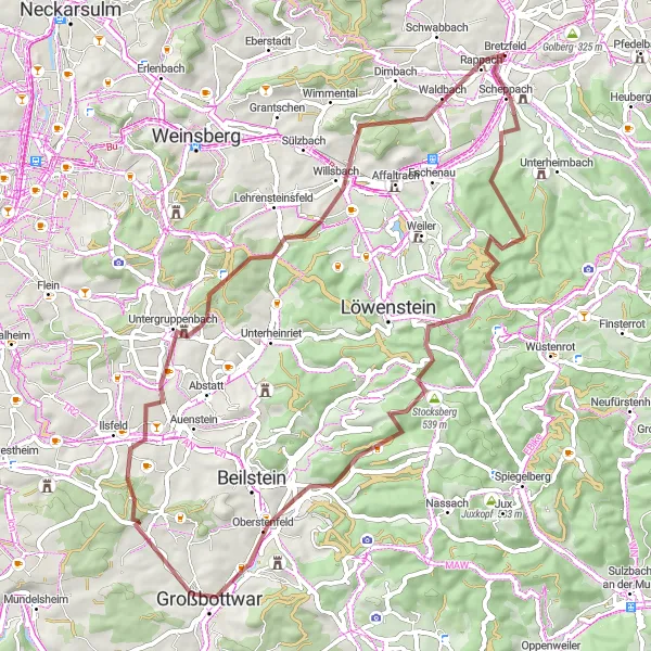 Map miniature of "Gravel Adventure: Reisacher Debietzle" cycling inspiration in Stuttgart, Germany. Generated by Tarmacs.app cycling route planner