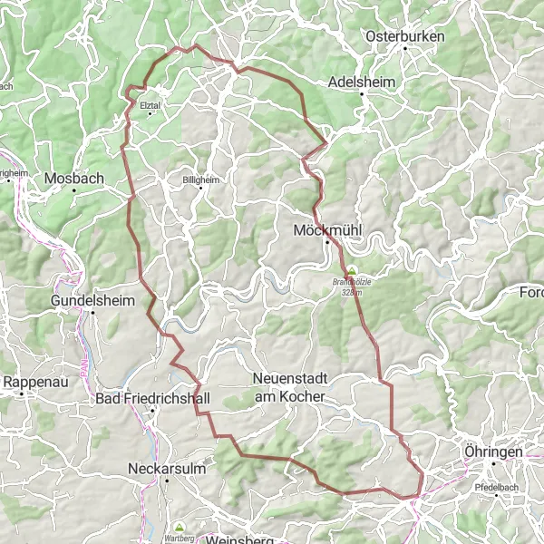 Map miniature of "Gravel Adventure in Bretzfeld" cycling inspiration in Stuttgart, Germany. Generated by Tarmacs.app cycling route planner