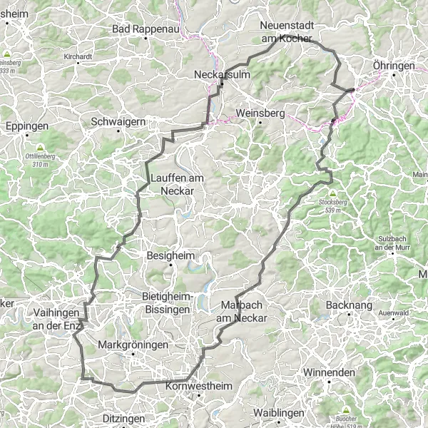 Map miniature of "The Neckar Valleys Circuit" cycling inspiration in Stuttgart, Germany. Generated by Tarmacs.app cycling route planner